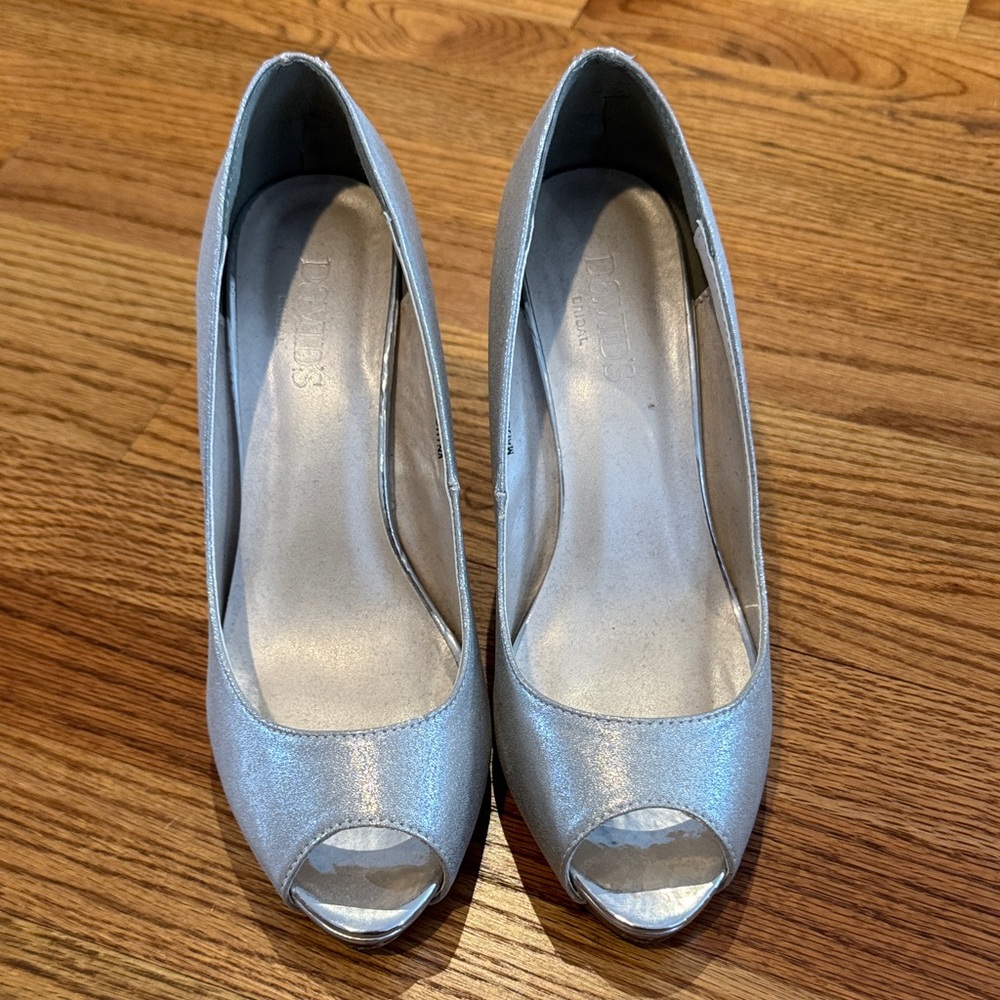 David's Bridal Shimmering Silver Peep-Toe Heels